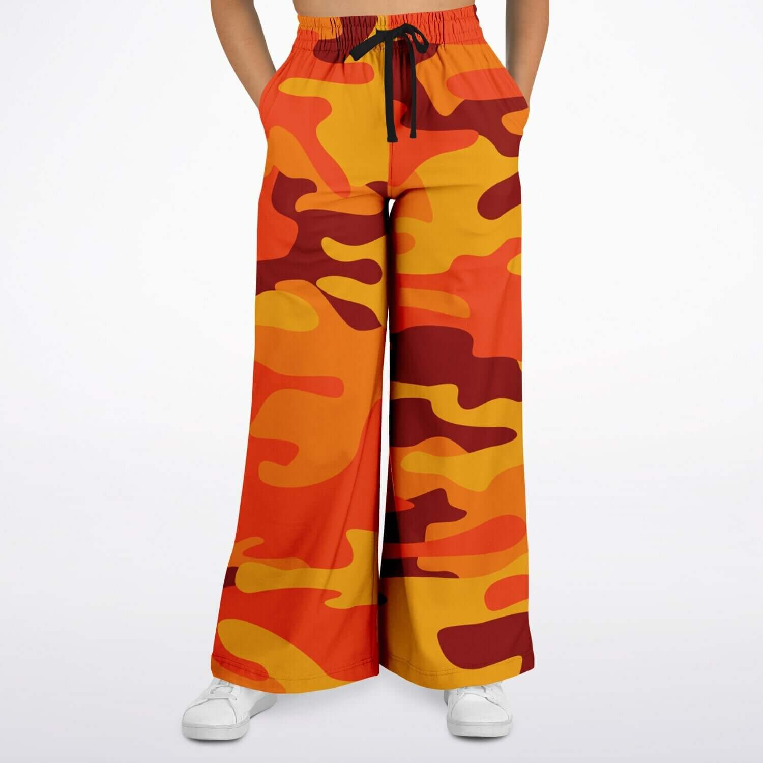 Camo Wide Leg Pants For Women | California Orange & Red Berry