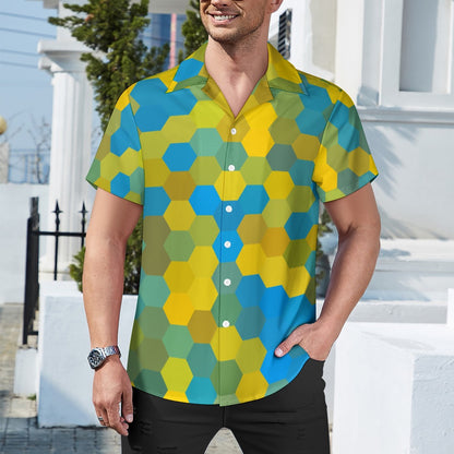 Hexagonal Blue & Yellow | Cuban Collar Shirt