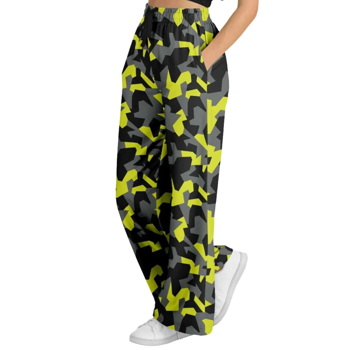 Camo Wide Leg Pants For Women | Geometric Black & Yellow