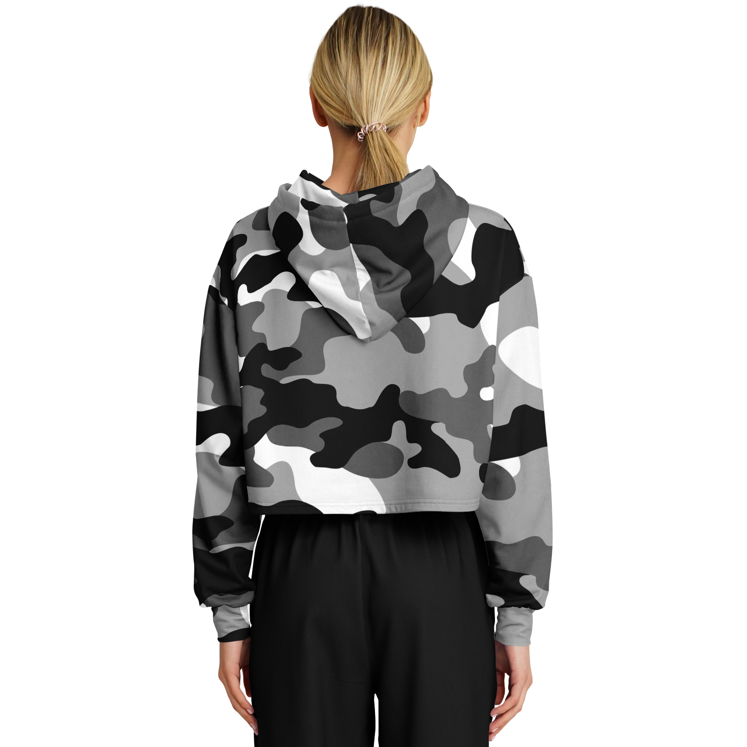 Gray Black & White Camo Cropped Hoodie For Women