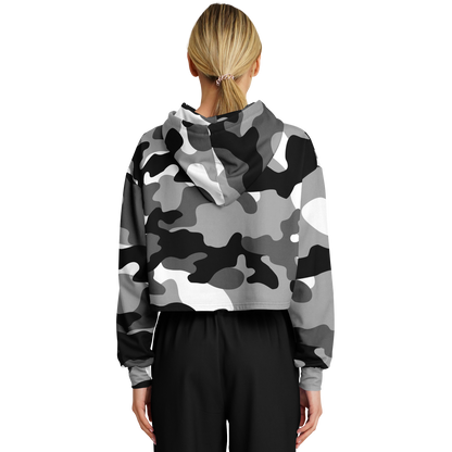 Gray Black & White Camo Cropped Hoodie For Women