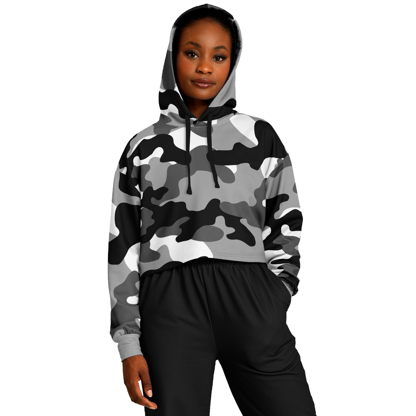 Gray Black & White Camo Cropped Hoodie For Women