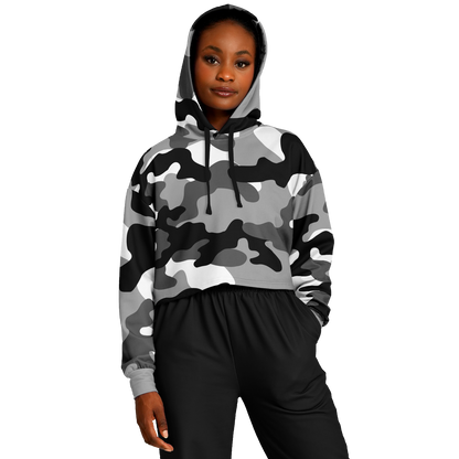 Gray Black & White Camo Cropped Hoodie For Women