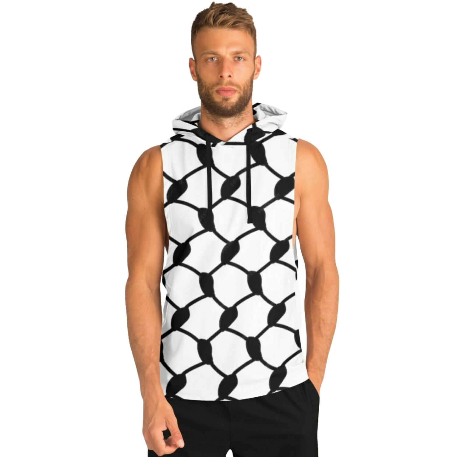 Keffiyeh Sleeveless Hoodie For Men | Black / White HD