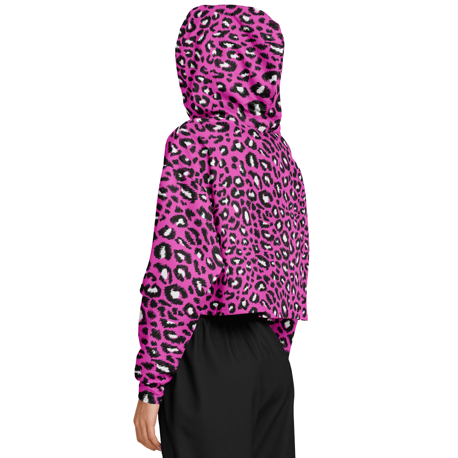 Leopard Cropped Hoodie | Black & Hot Pink Pattern