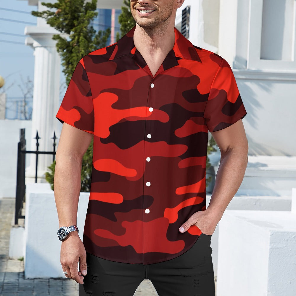 Scarlet Red & Black Camouflage Cuban Collar Shirt