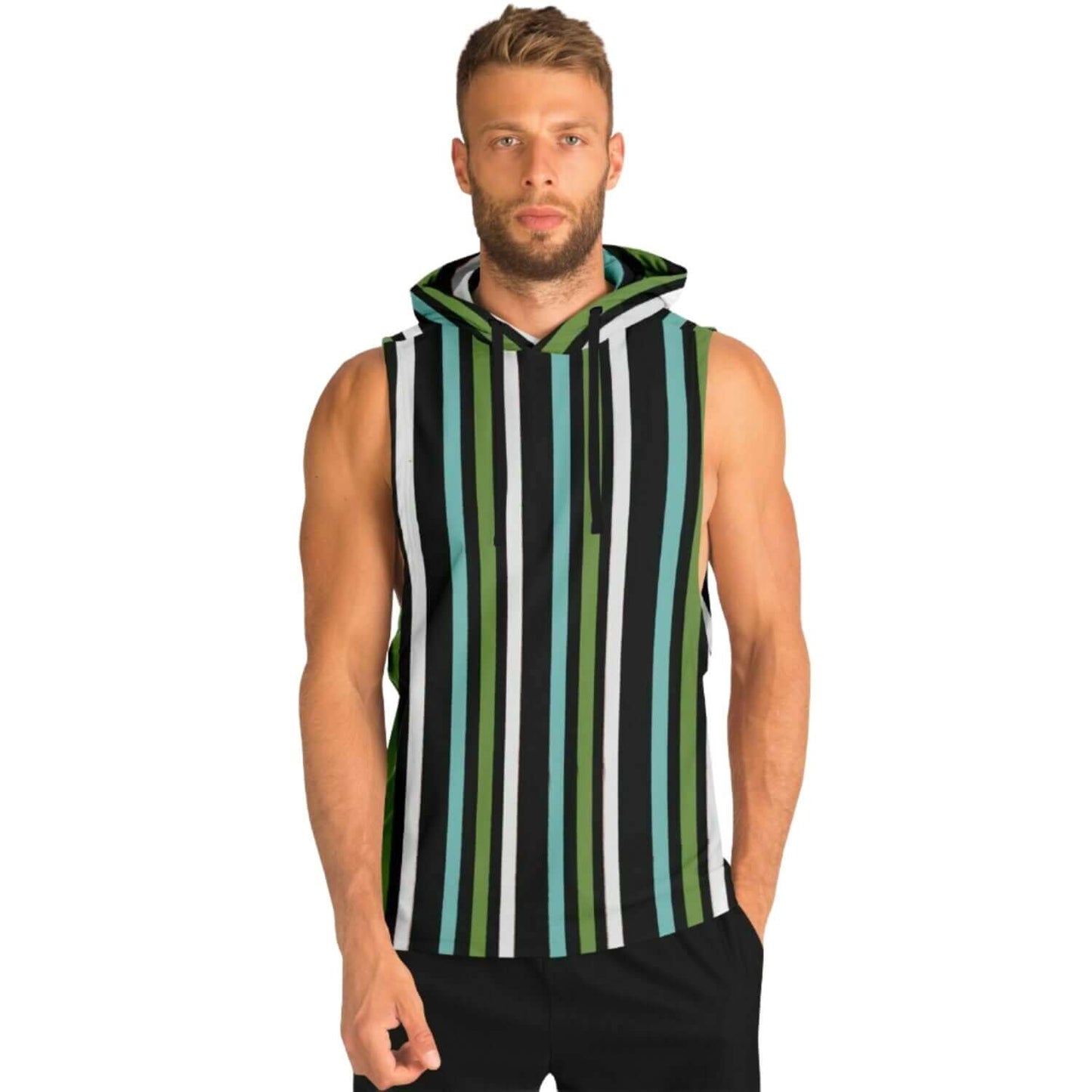 Sleeveless Hoodie For Men | Green White Lines