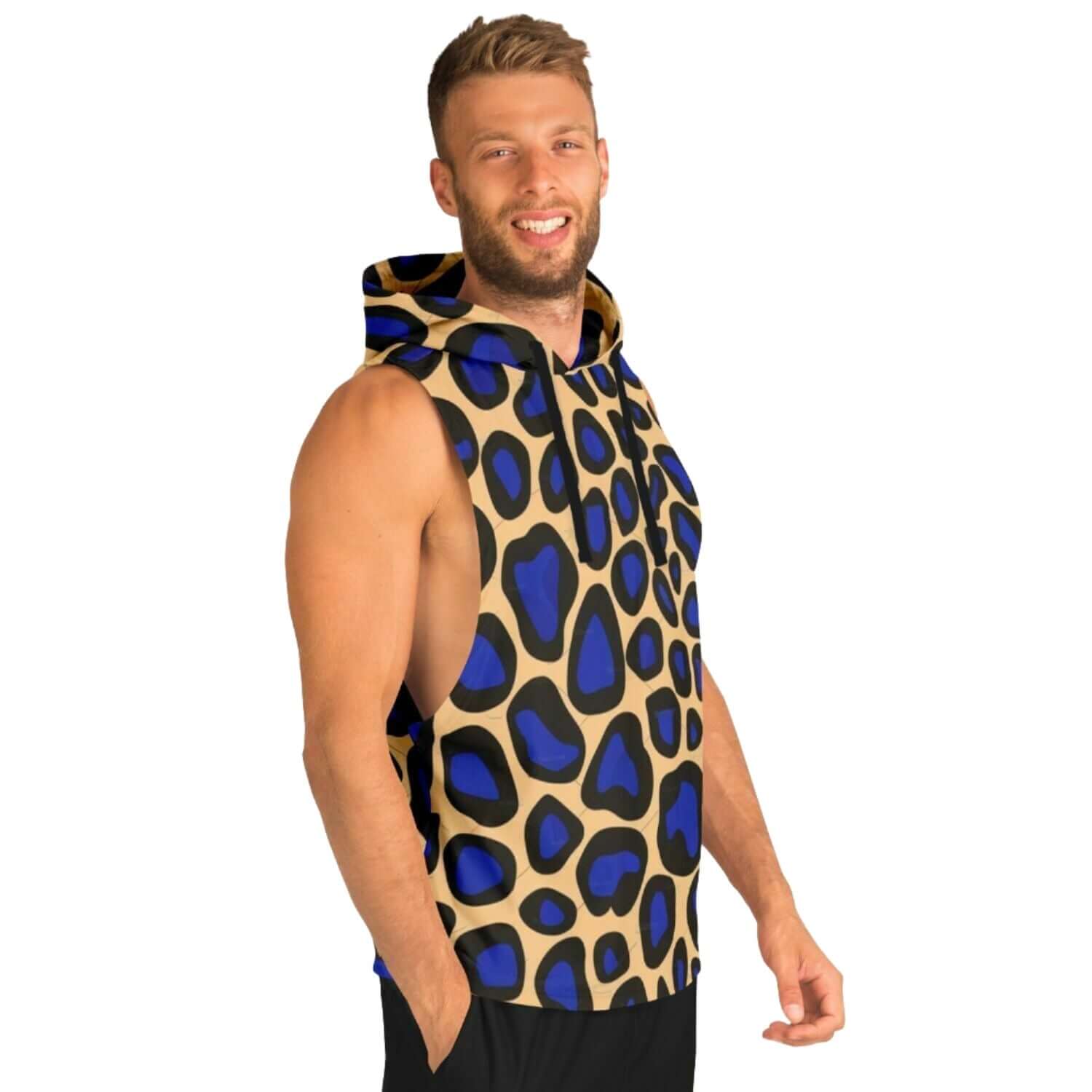 Black & Yellow Leopard Sleeveless Hoodie For Men