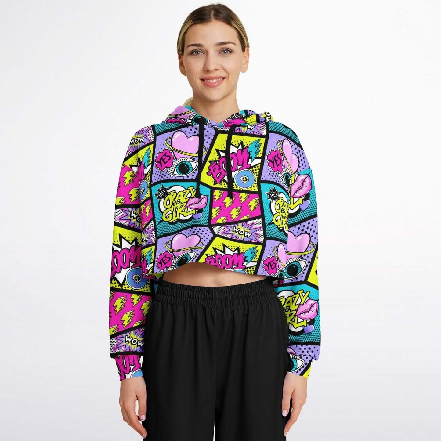 Cropped Hoodie | Pink Blue Yellow Pop Art Craziness