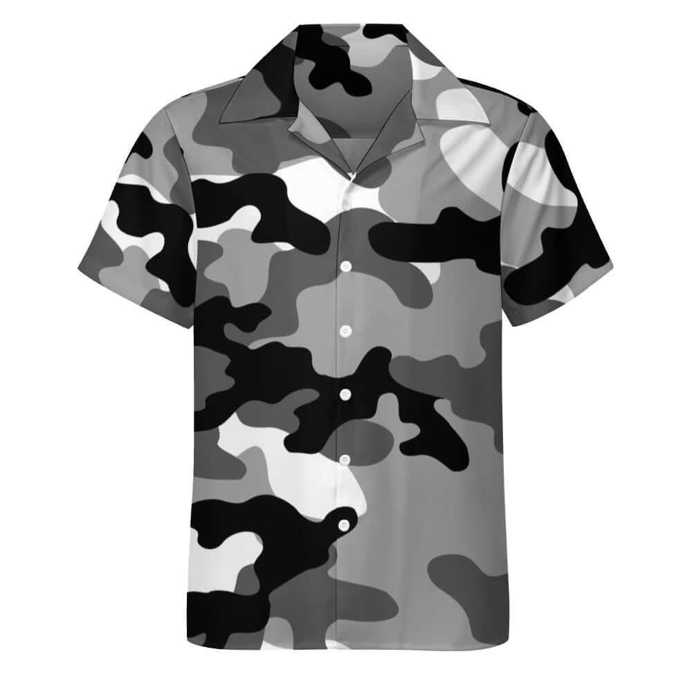 Black Gray & White Camouflage Cuban Collar Shirt