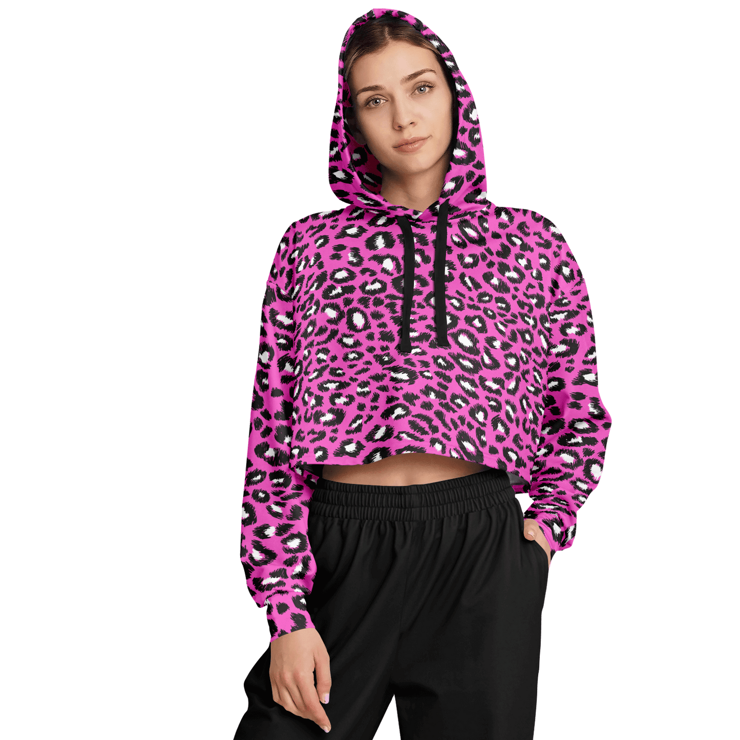 Leopard Cropped Hoodie | Black & Hot Pink Pattern