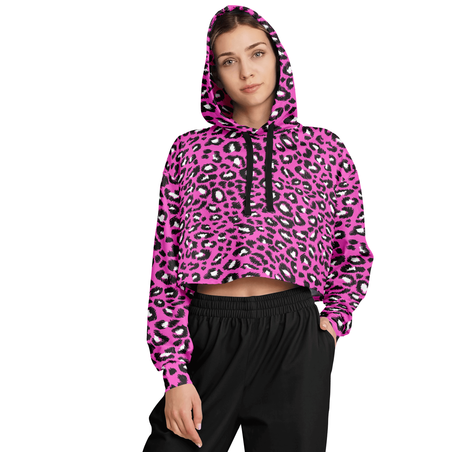 Leopard Cropped Hoodie | Black & Hot Pink Pattern