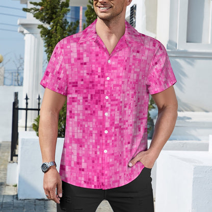 Glittery Pink Disco Ball Cuban Collar Shirt