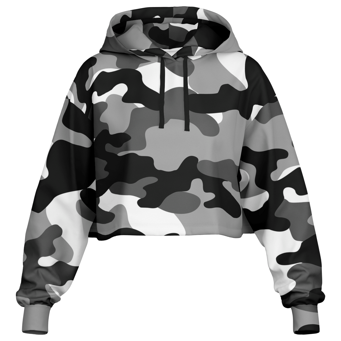 Gray Black & White Camo Cropped Hoodie For Women