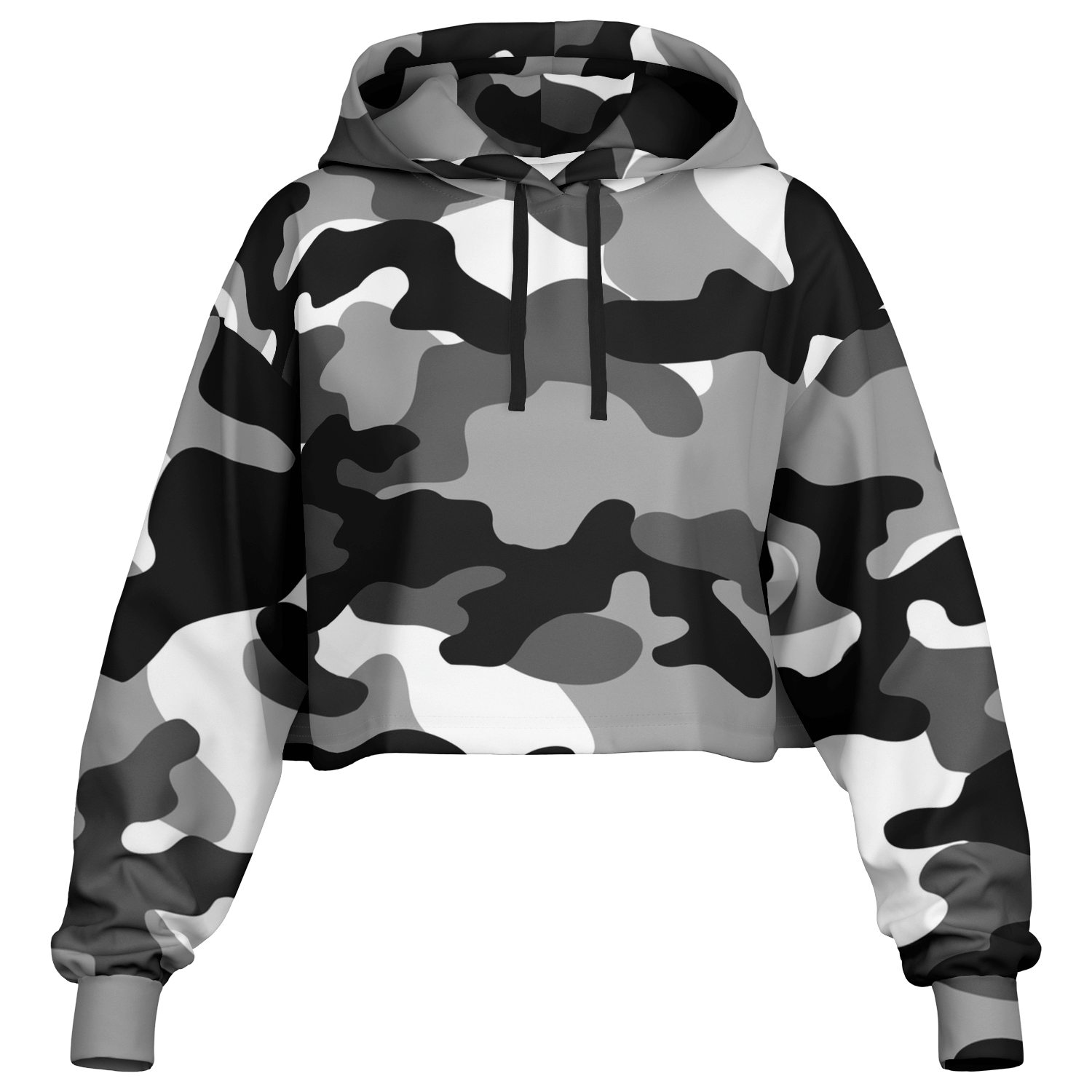 Gray Black & White Camo Cropped Hoodie For Women