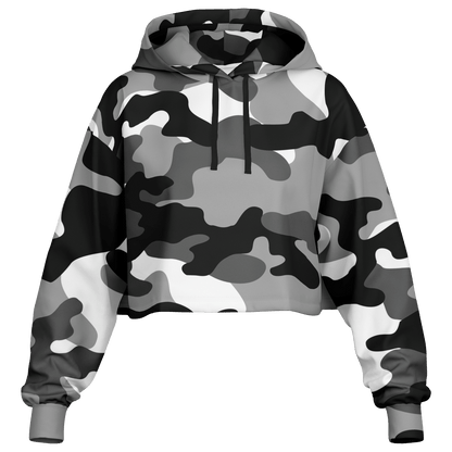 Gray Black & White Camo Cropped Hoodie For Women