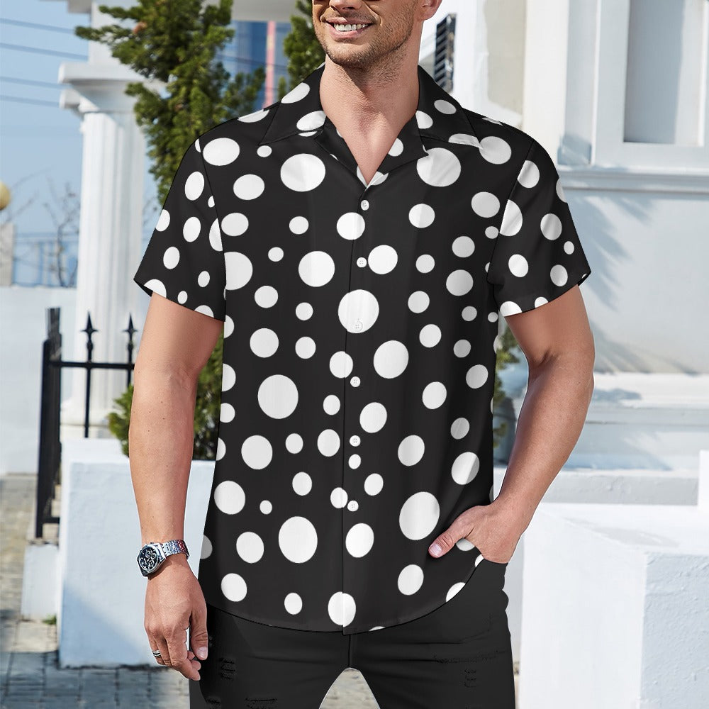 Polka Dot White & Black Cuban Collar Shirt