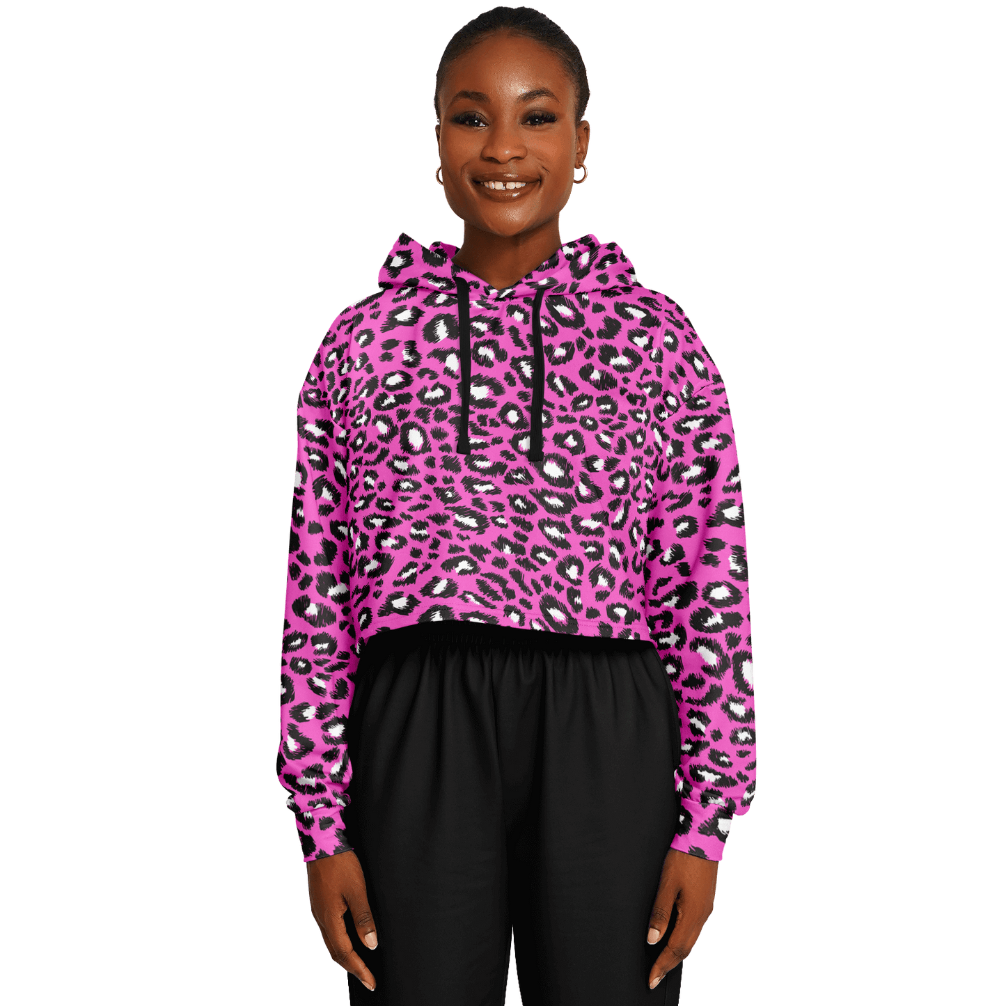 Leopard Cropped Hoodie | Black & Hot Pink Pattern