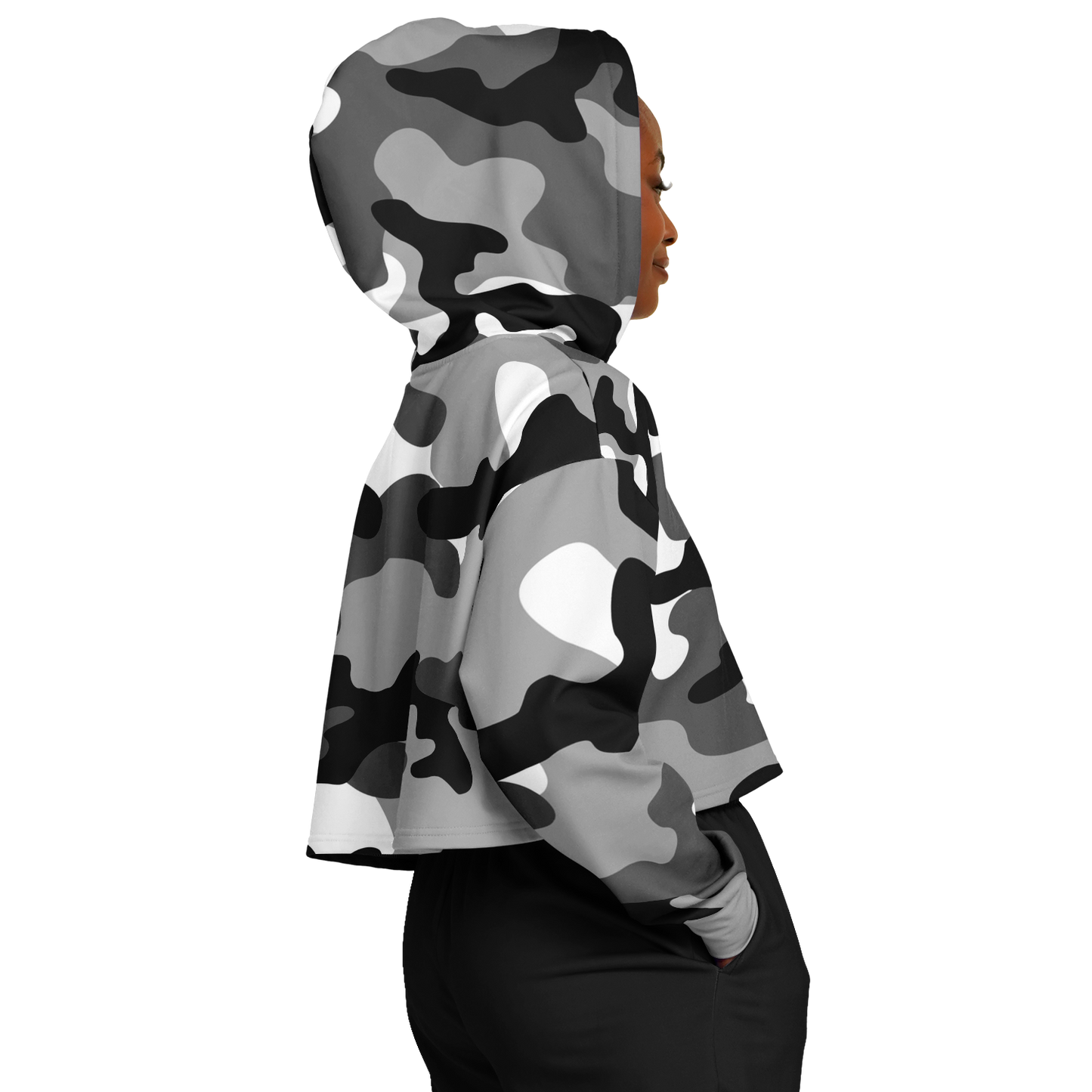 Gray Black & White Camo Cropped Hoodie For Women