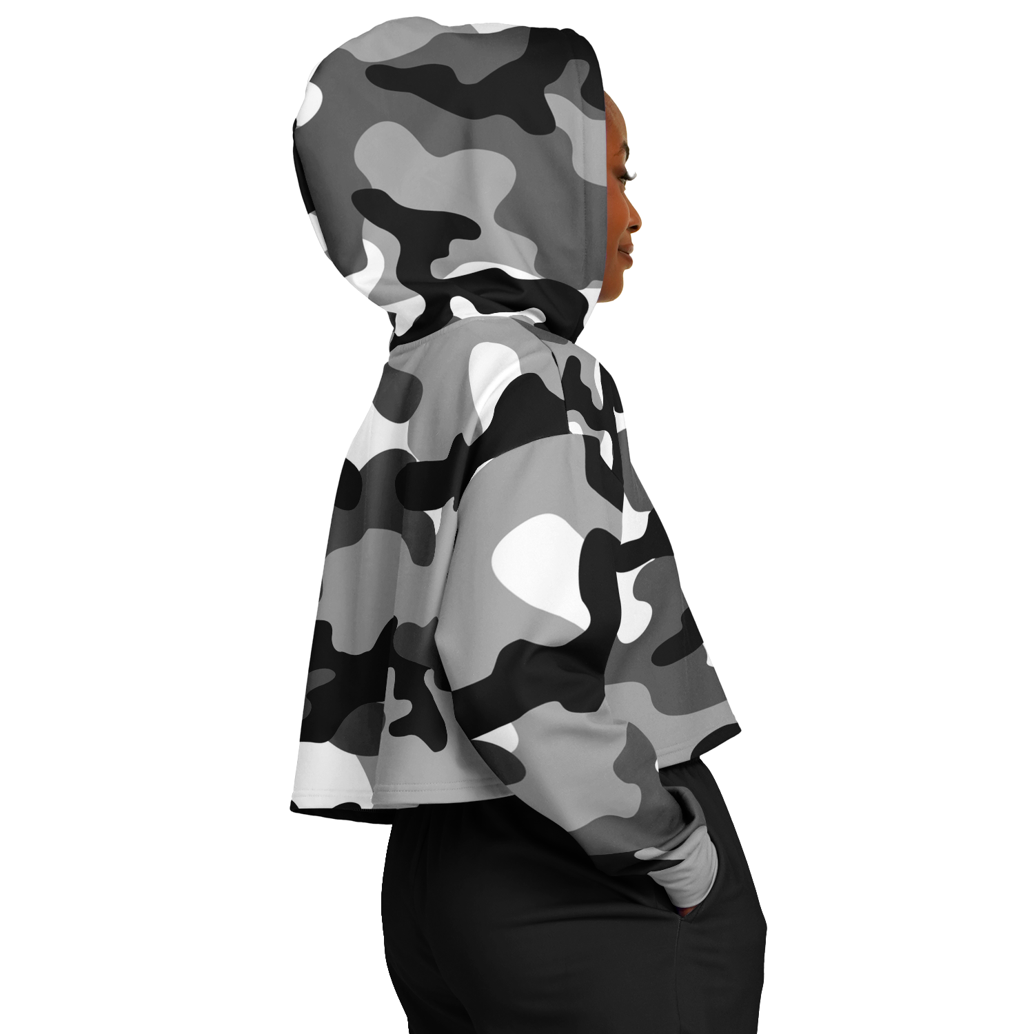 Gray Black & White Camo Cropped Hoodie For Women