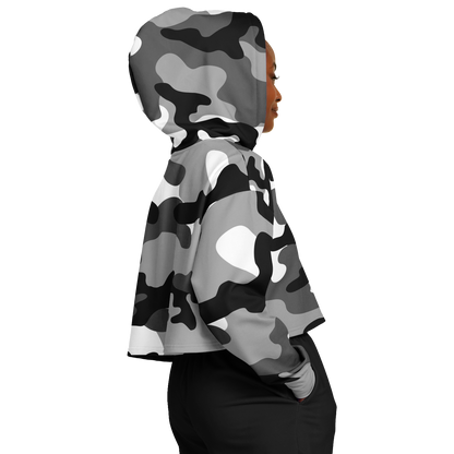 Gray Black & White Camo Cropped Hoodie For Women