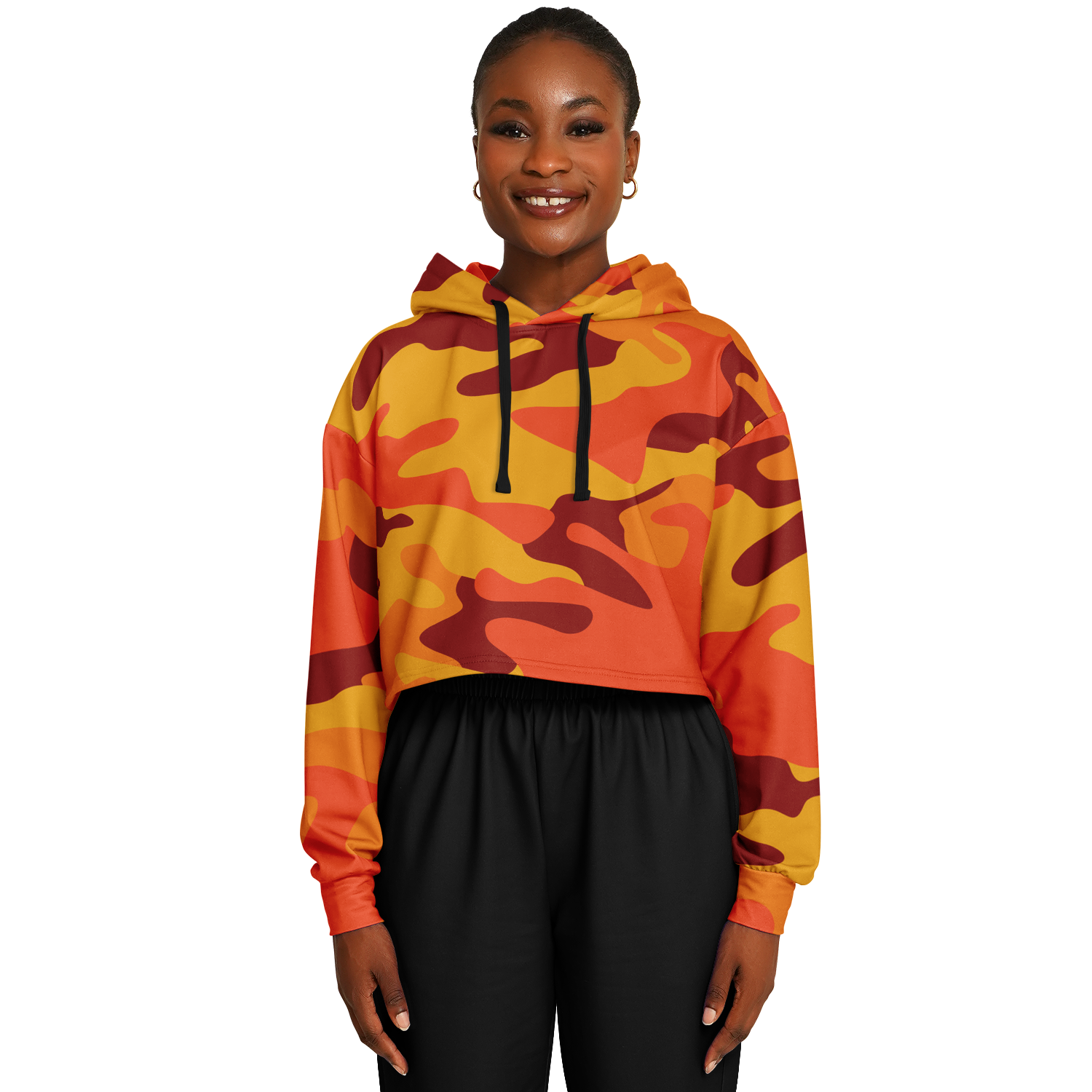 Orange & Red Camo Cropped Hoodie For Women