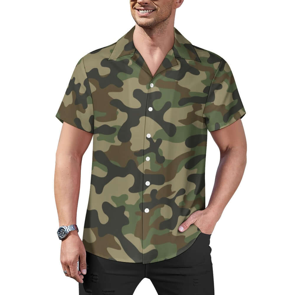Green Commando Camo Cuban Collar Shirt