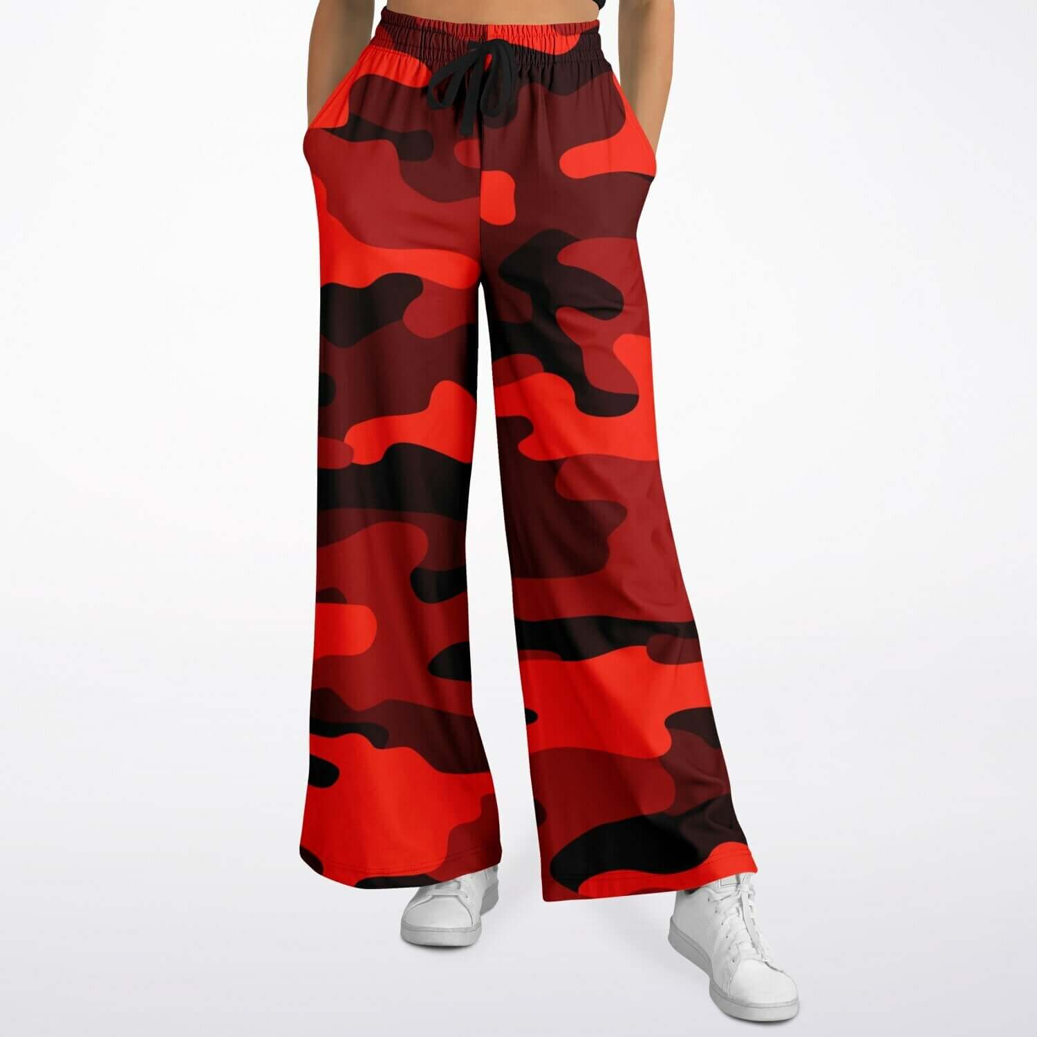 Scarlet Red & Black Camo Wide Leg Pants For Women