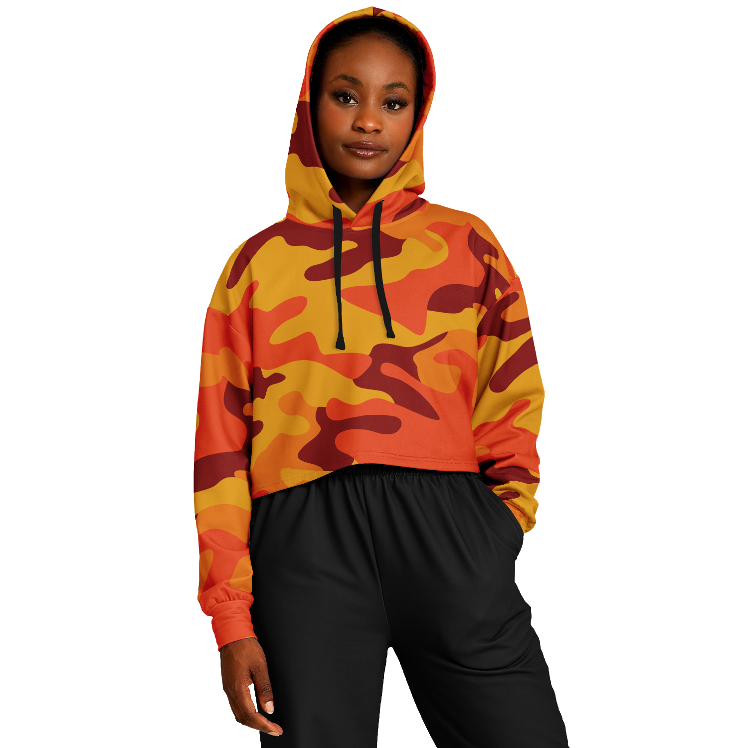 Orange & Red Camo Cropped Hoodie For Women