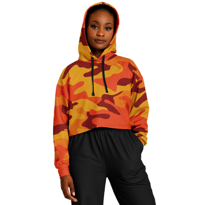 Orange & Red Camo Cropped Hoodie For Women