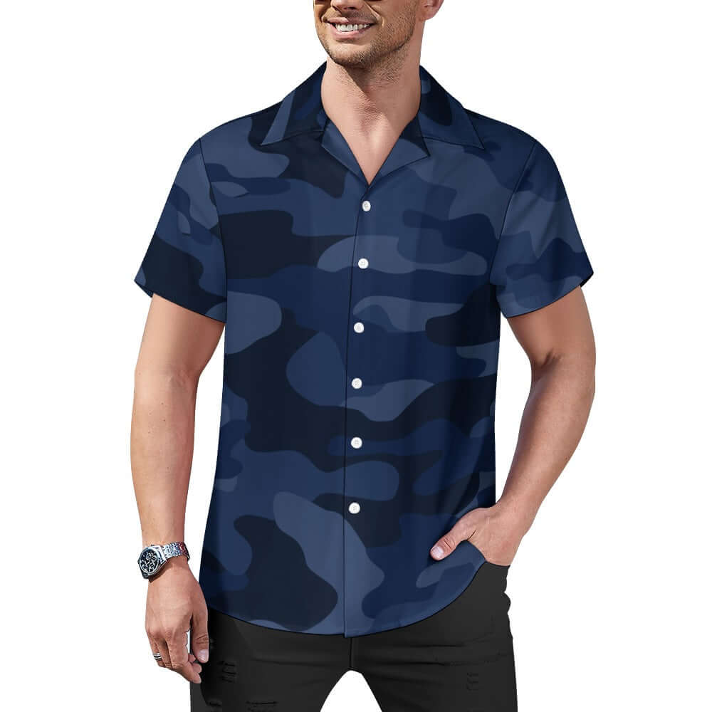 Blue Camouflage Cuban Collar Shirt